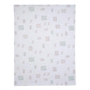Soft white fleece baby blanket with colorful patterns of squares and stitches, ideal for comforting infants.