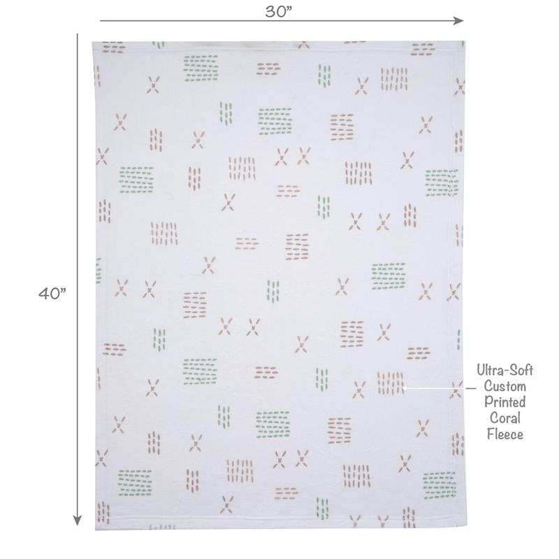 Soft white fleece baby blanket with a geometric pattern, measuring 30” x 40”, labeled as ultra-soft coral fleece.