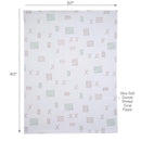 Soft white fleece baby blanket with a geometric pattern, measuring 30” x 40”, labeled as ultra-soft coral fleece.