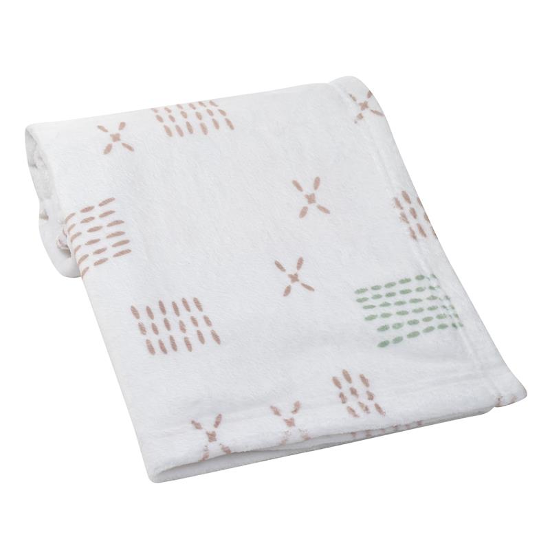 Soft white fleece baby blanket with a variety of simple pastel patterns, perfect for infants.