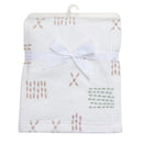 Soft white fleece baby blanket from Bedtime Originals, featuring an assortment of pastel patterns and a white ribbon tie.