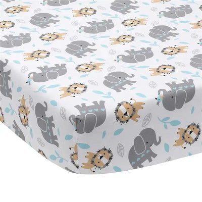 Fitted crib sheet featuring playful grey elephants and lions on a white background with light blue leaves.