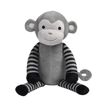 Plush grey monkey toy with black and white striped arms, smiling face, and curled tail, designed for infants.