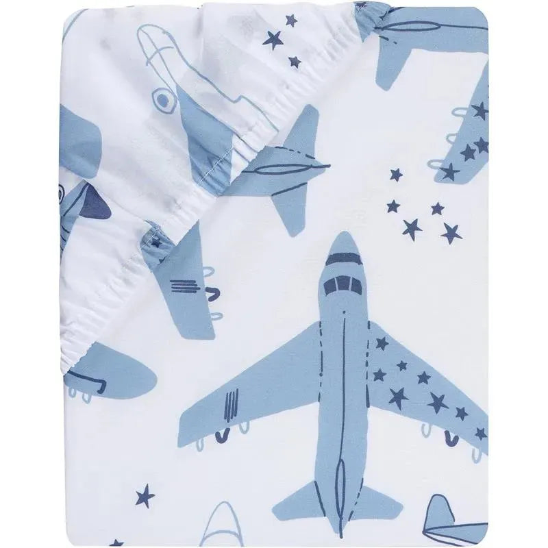 Crib sheet featuring a light blue airplane pattern on a white background, designed for infants.