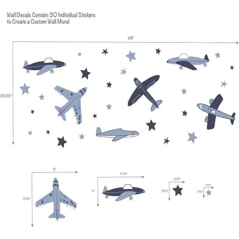 Wall decals featuring 30 individual aircraft stickers in various styles with stars, designed for a custom mural.