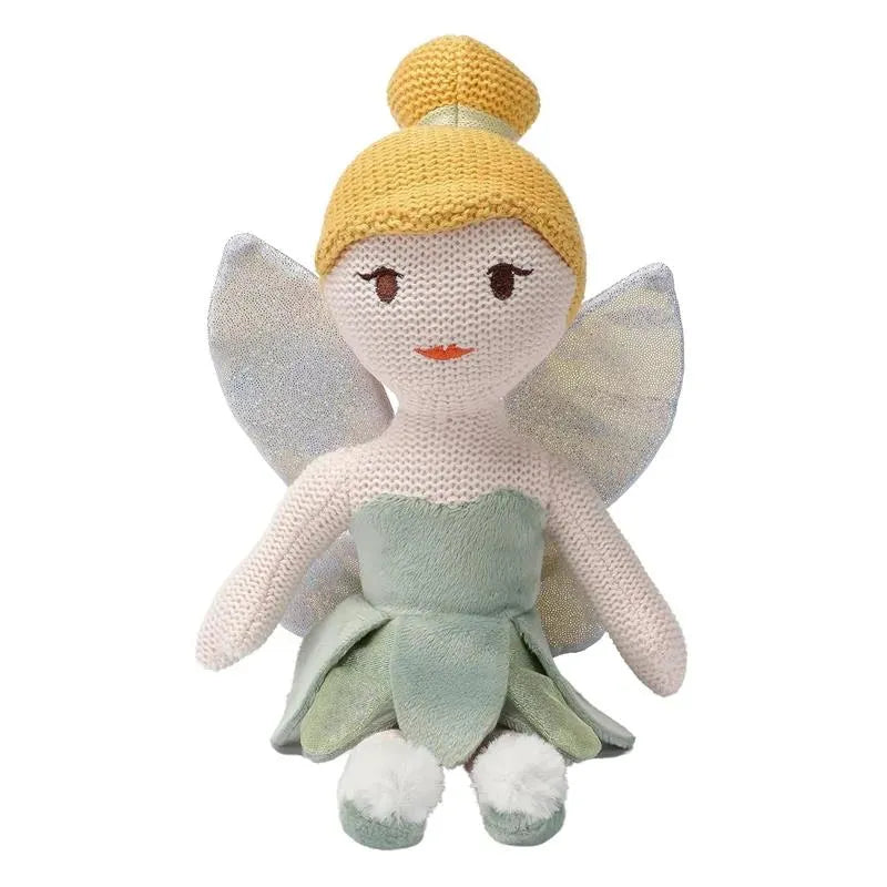 Plush Tinker Bell toy with a knitted body, blonde hair in a bun, green dress, and shimmery wings, designed for children.
