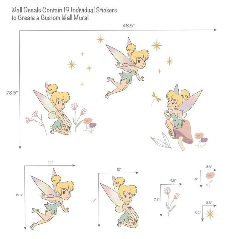 Tinker Bell wall decals featuring 19 individual stickers for creating a custom mural, including flowers and sparkles.