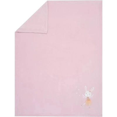 Soft pink baby blanket featuring a dancing bunny illustration in the lower corner.