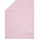 Soft pink baby blanket featuring a dancing bunny illustration in the lower corner.