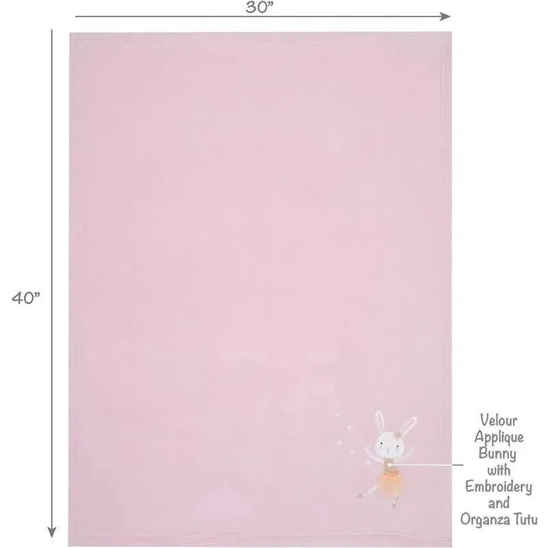 Soft pink baby blanket featuring a velour bunny appliqué, embellished with an organza tutu and embroidery details.
