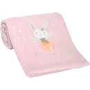 Soft pink baby blanket featuring a playful bunny dancer illustration and star accents. Perfect for bedtime cuddles.