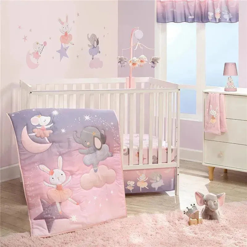 Fitted crib sheet featuring adorable dancing animals, including a bunny and elephant, set in a pastel nursery.