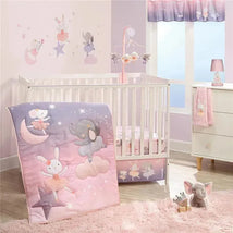 Fitted crib sheet featuring adorable dancing animals, including a bunny and elephant, set in a pastel nursery.