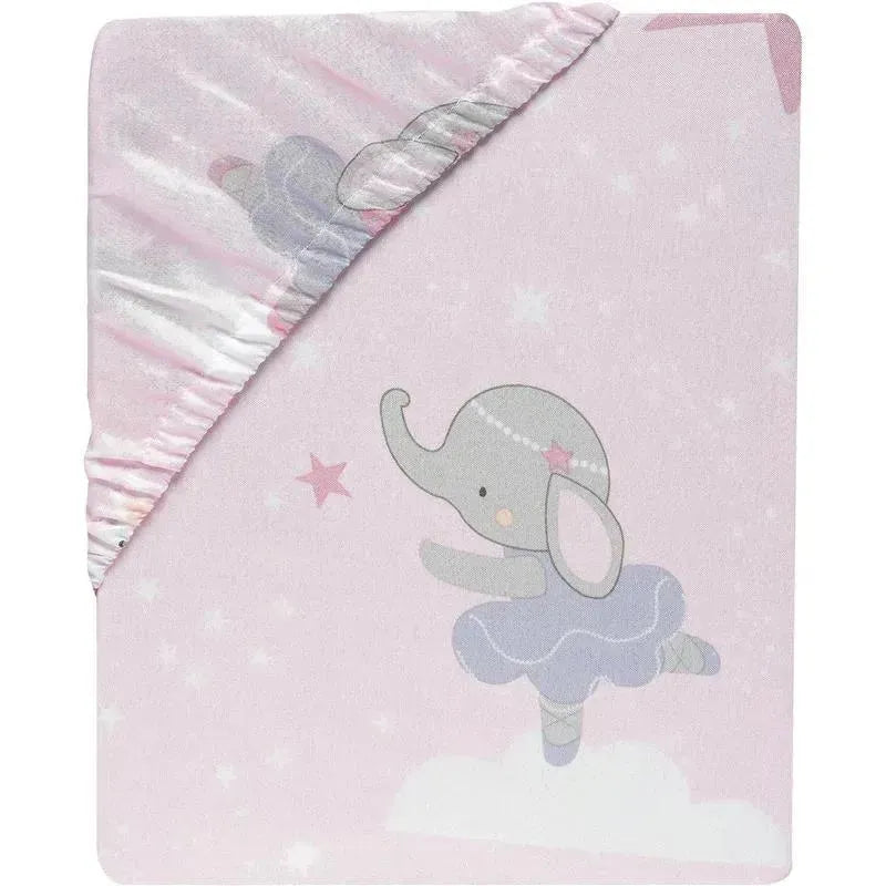 Fitted crib sheet featuring a dancing elephant in a purple tutu against a pink background with stars and clouds.