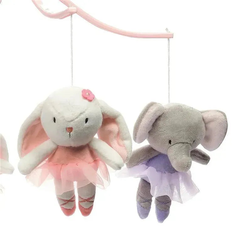 Musical mobile featuring a pink bunny and a gray elephant, both dressed in tutu skirts, ideal for nursery decor.