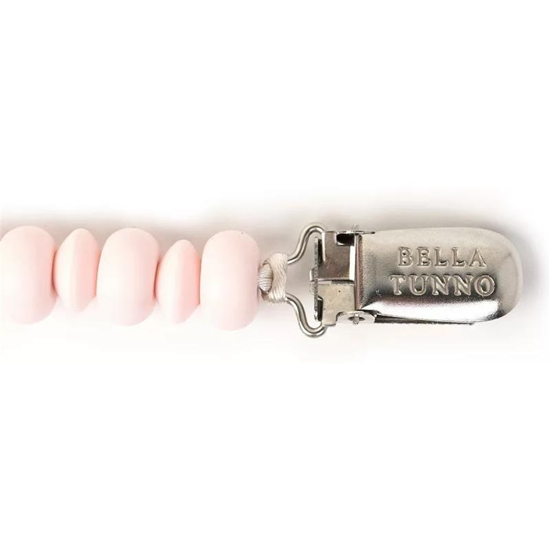 Ballet pacifier clip by Bella Tunno featuring a series of pink silicone beads and a silver metal clip.