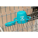 Blue silicone snack cup with handles and “GET IN MY BELLY” text, resting in a dishwasher rack.