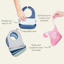 Ladies Pick Me Up Wonder Bib by Bella Tunno, showcasing soft silicone, adjustable neck, and wide catch pocket for mess-free meals.