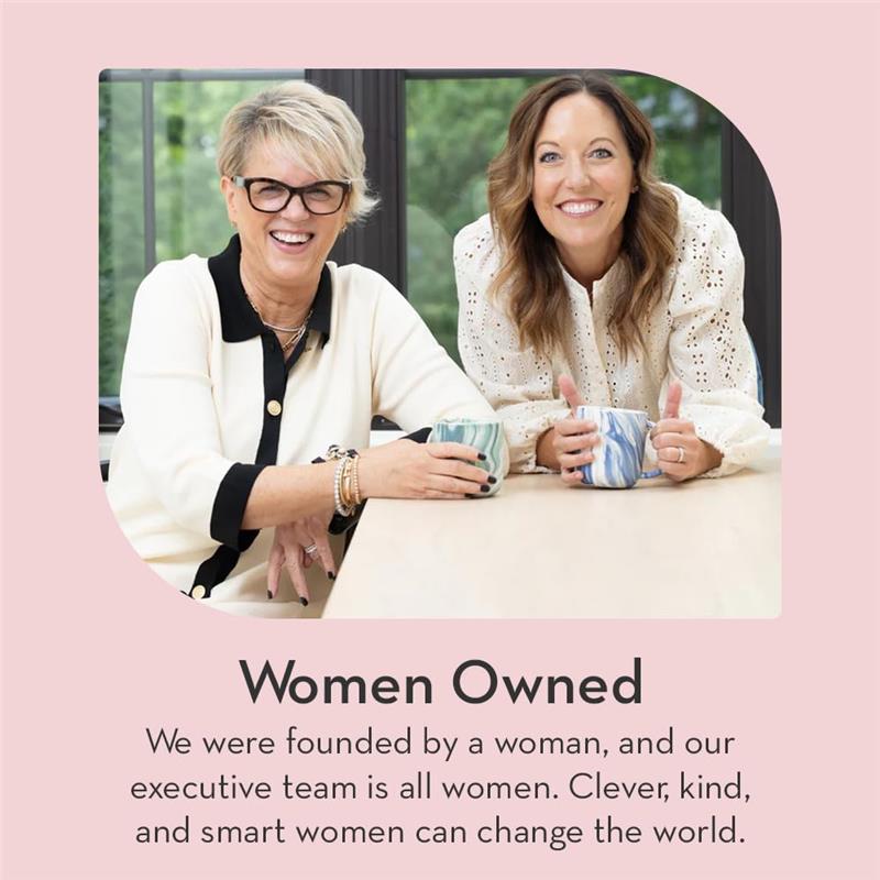 Two women smiling while holding colorful mugs, promoting their women-owned business with a supportive message.
