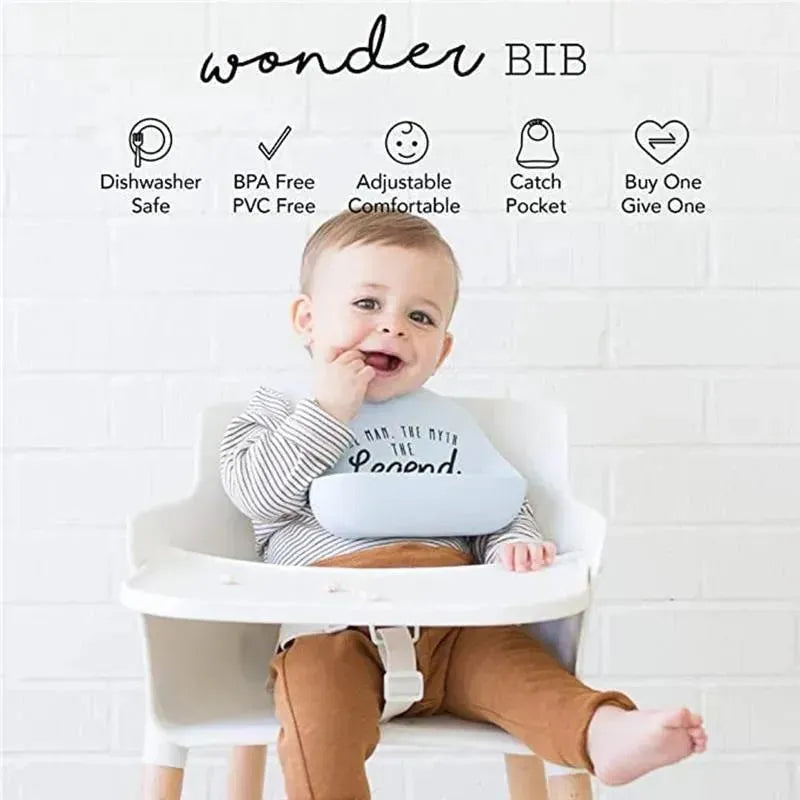 Silicone baby bib in light blue worn by a smiling baby in a high chair, with text noting features like dishwasher safe and adjustable.