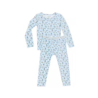 Blue two-piece pajama set for babies, featuring milk and cookies print with long sleeves and matching pants. Brand: Bellabu Bear.