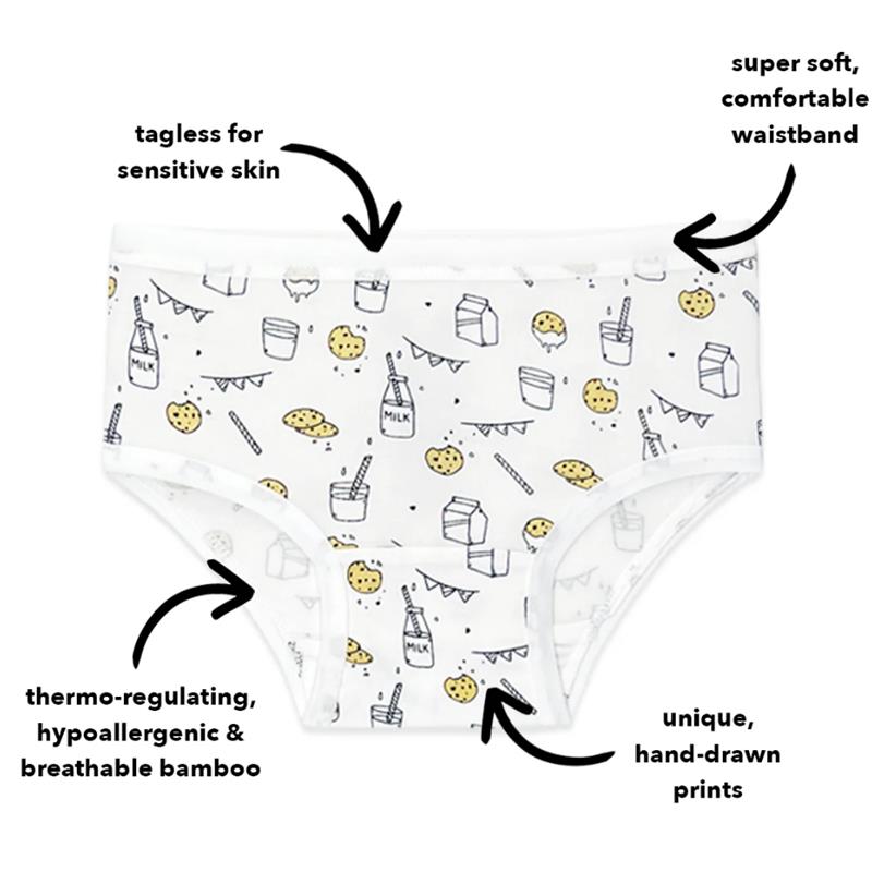 Bamboo underwear for girls, featuring a tagless design, soft waistband, and unique hand-drawn prints of milk and cookies.