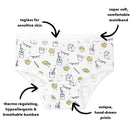 Bamboo underwear for girls, featuring a tagless design, soft waistband, and unique hand-drawn prints of milk and cookies.