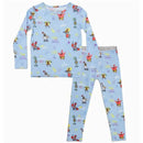 Bamboo kids pajamas featuring Spongebob Squarepants characters, vibrant colors, and playful text on a light blue background.