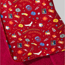Hogwarts Express bamboo blanket featuring red fabric with iconic Harry Potter motifs like the train, 9¾ platform, and magical items.