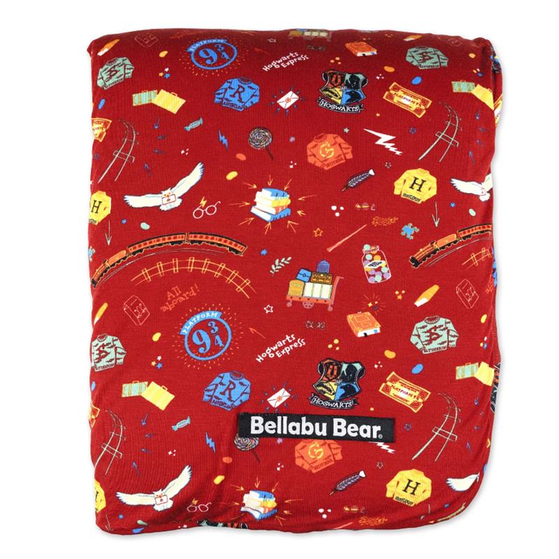Bamboo blanket featuring Harry Potter Hogwarts Express design with iconic symbols, vibrant colors, and Bellabu Bear branding.
