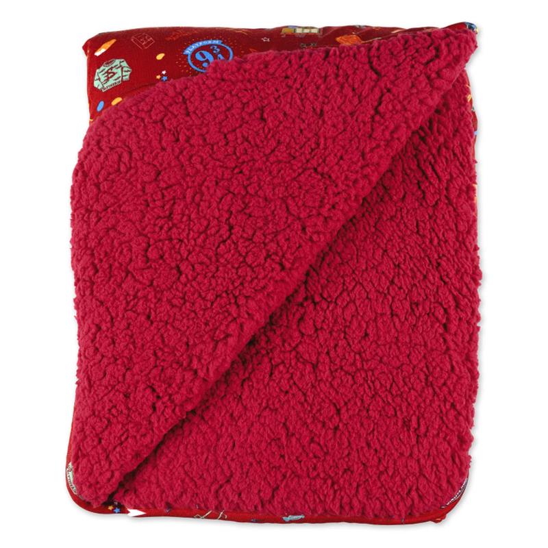 Bamboo blanket featuring a red fluffy side and a Hogwarts Express pattern on the other side.