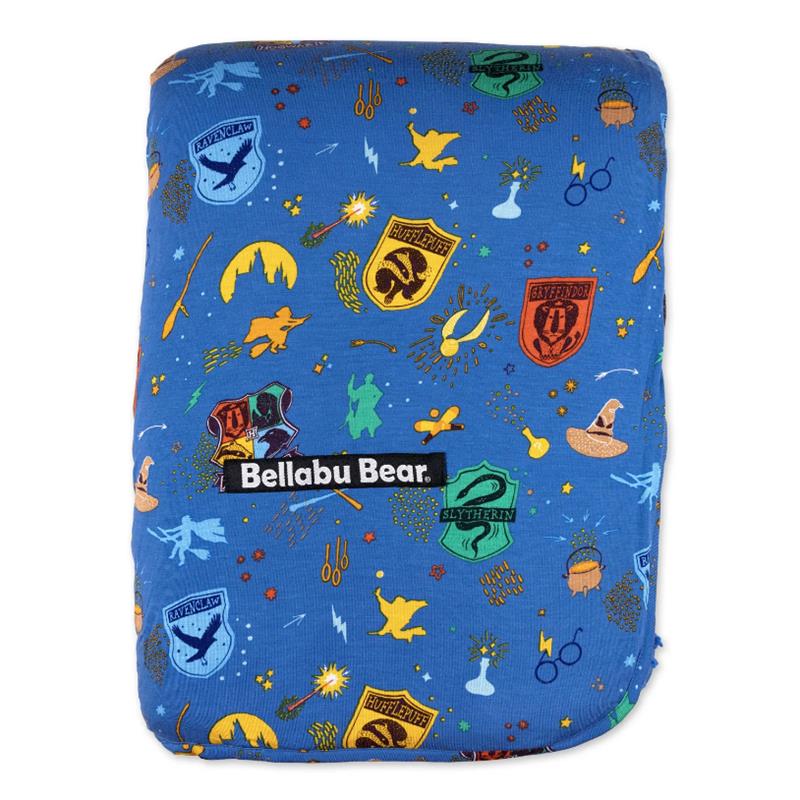 Bamboo blanket featuring Harry Potter house emblems and magical motifs in vibrant colors, branded with Bellabu Bear.