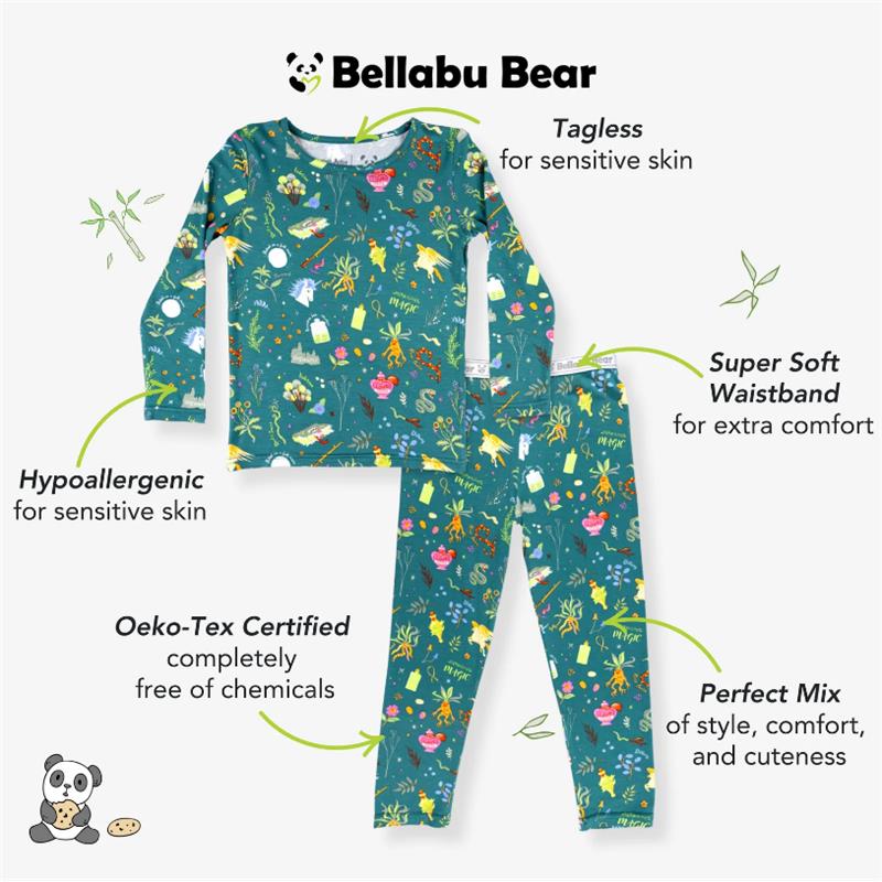 Bamboo kids pajamas featuring Harry Potter-themed mandrakes and herbs, labeled with hypoallergenic and Oeko-Tex certifications.