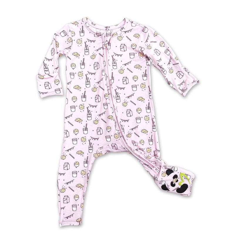 Pink bamboo pajamas for kids featuring a milk and cookies print, with a zip closure and contrasting foot design.