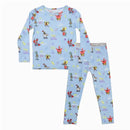 Spongebob Squarepants-themed bamboo kids pajamas featuring colorful characters and positive phrases on a blue background.