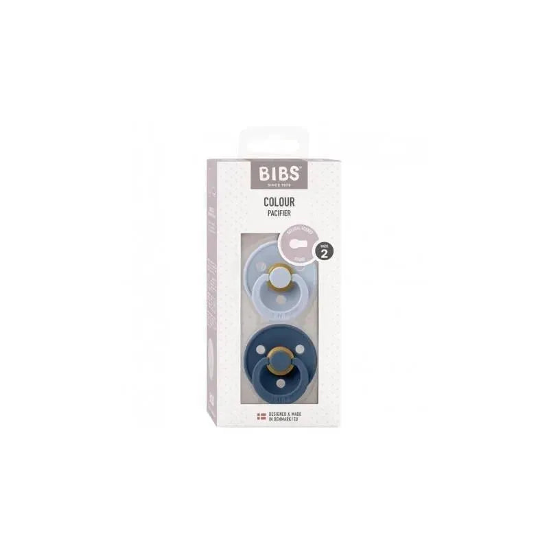 Dusty Blue and Steel Blue natural rubber pacifiers in a clear package, suitable for babies aged 6 to 18 months.