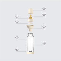 Baby blue 8 oz latex glass bottle by Bibs, featuring a removable cap, nipple, and base, displayed in an exploded view.