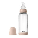 8 oz silicone glass baby bottle in blush color, with a soft silicone bumper and a transparent body featuring measurement markings.
