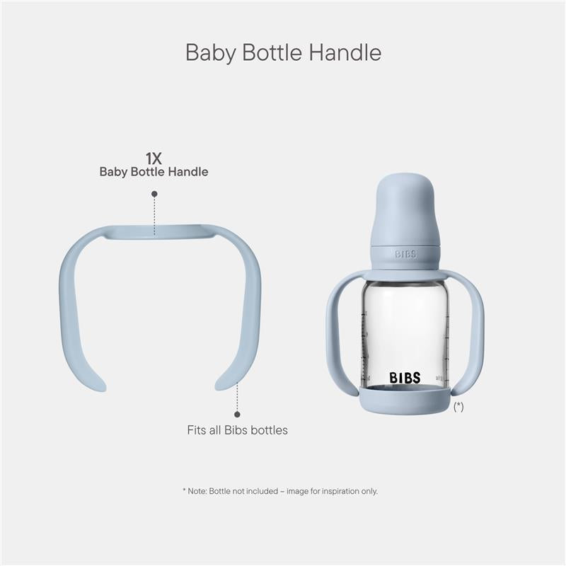 Baby Blue handle designed for Bibs baby bottles, shown next to a bottle with the handle attached.