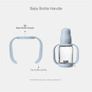 Baby Blue handle designed for Bibs baby bottles, shown next to a bottle with the handle attached.
