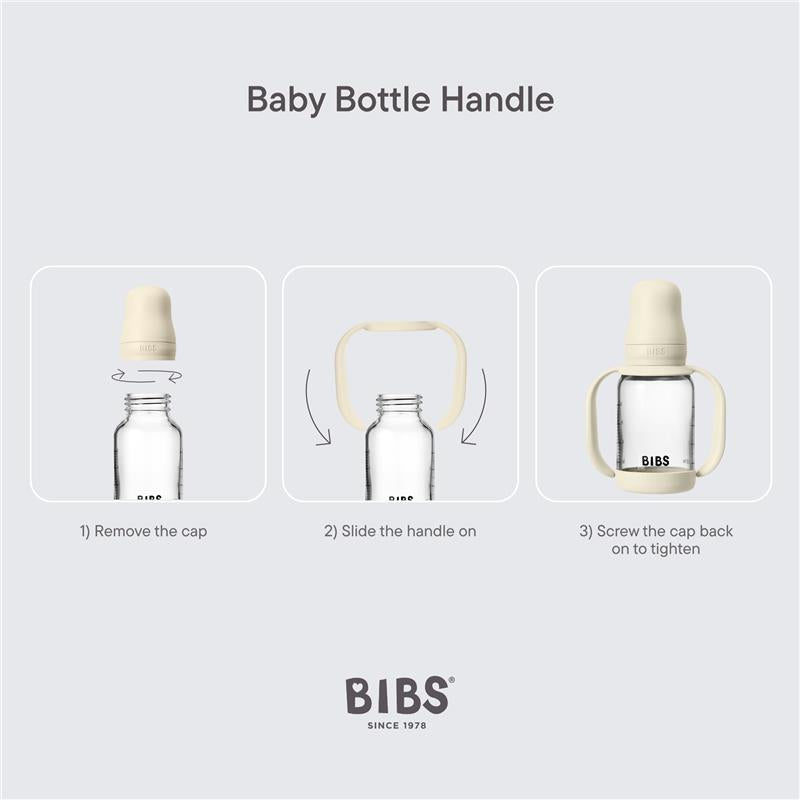 Baby blue Bibs bottle handle instructions: Remove cap, slide handle on, and screw cap back on.