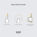 Baby blue Bibs bottle handle instructions: Remove cap, slide handle on, and screw cap back on.