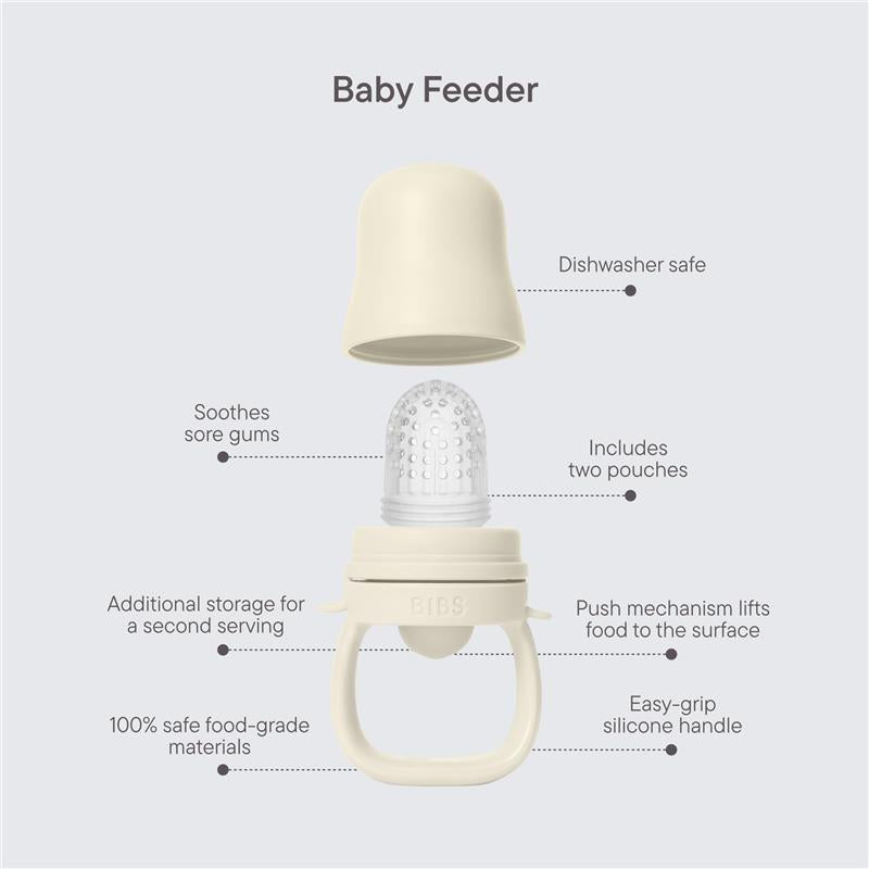 Baby Feeder in Blush color with silicone handle, designed to soothe sore gums, includes pouches, and is dishwasher safe.