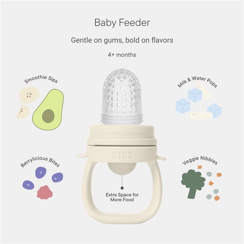 Baby feeder in fossil grey, featuring a textured silicone top and a handle, designed for infants 4 months and older.