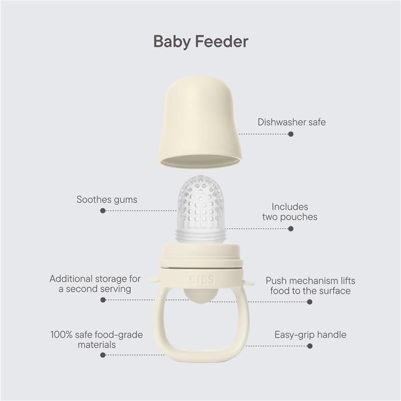 Sage-colored baby feeder with a soft silicone nipple, easy-grip handle, and additional storage for purées.