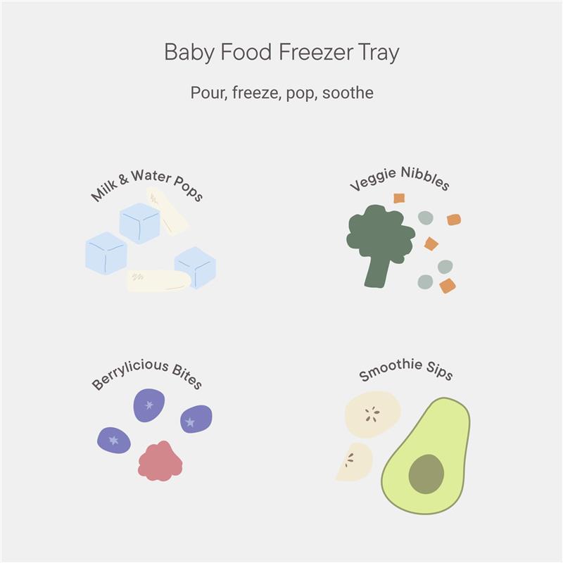 Baby Food Freezer Tray featuring illustrated options: Milk & Water Pops, Veggie Nibbles, Berrylicious Bites, and Smoothie Sips.