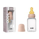 Baby plastic bottle by Bibs, 150ml, blush color with a natural rubber latex nipple, anti-colic design, and packaging.