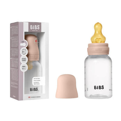 Baby plastic bottle by Bibs, 150ml, blush color with a natural rubber latex nipple, anti-colic design, and packaging.