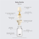 Baby bottle made of BPA-free materials, 150 ml capacity, features latex nipple, anti-colic design, and collapsible funnel.