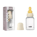 Baby plastic bottle with latex nipple from Bibs, 150ml capacity, featuring an ivory cap and clear body.